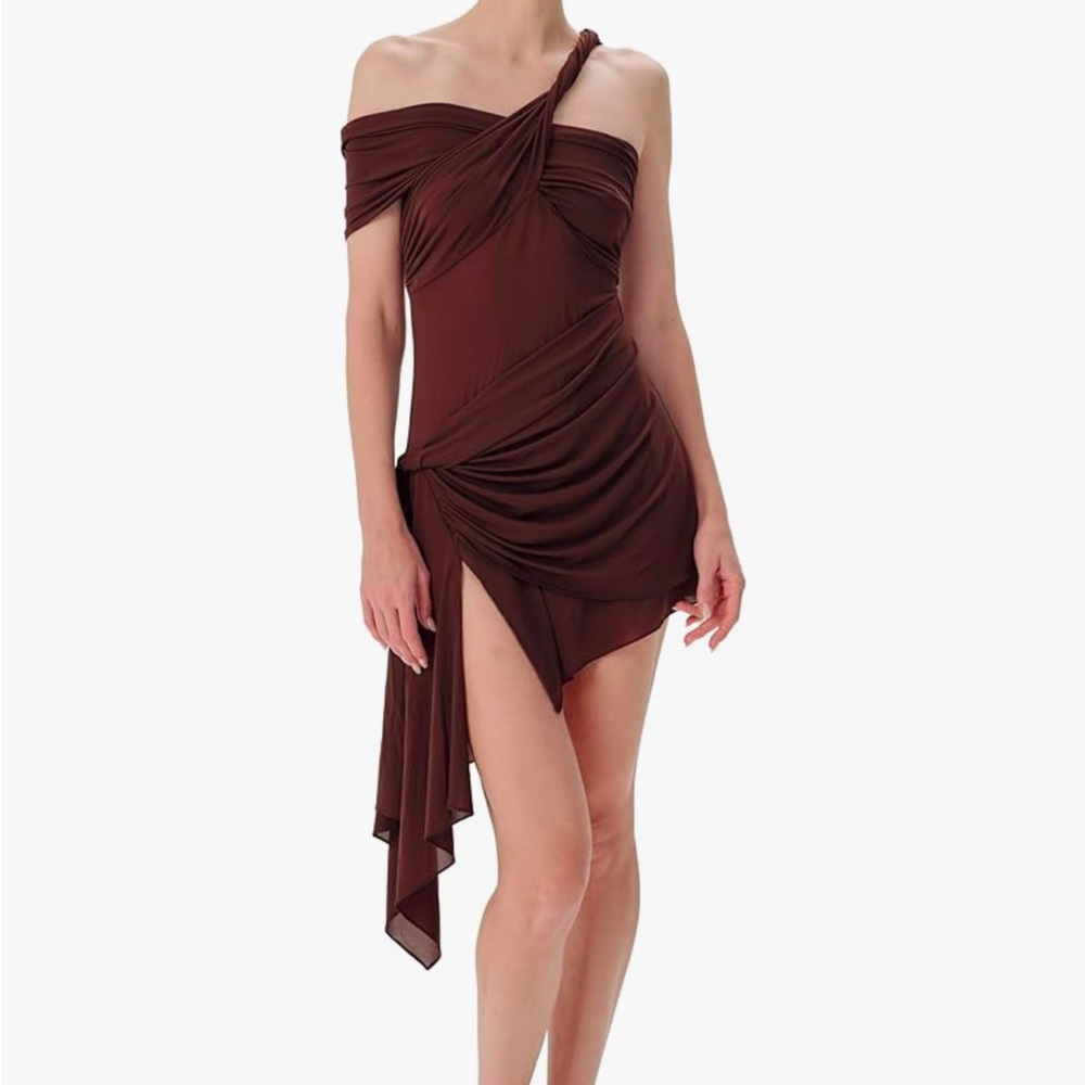 Ronny Kobo Collection One-Shoulder Chocolate Brown Mini Dress